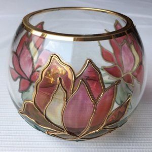Glass Candle Holder Round Colored Art Glass Floral Flower Poinsettia Christmas